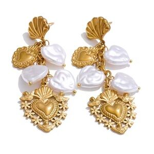 Sara Sotti Gold and White Heart Drop Earrings